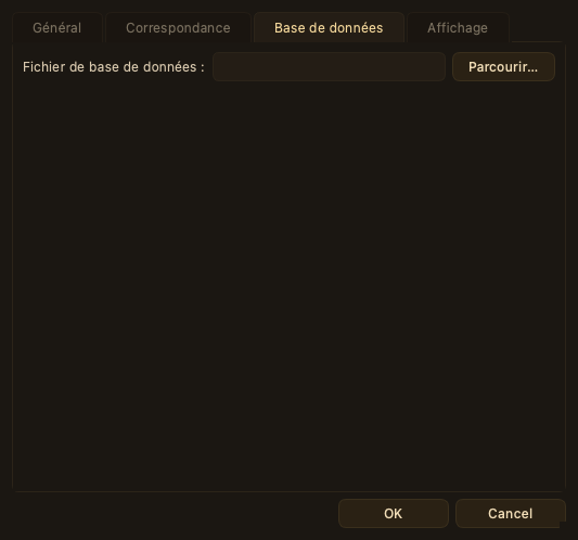 Préférences, onglet Base de données