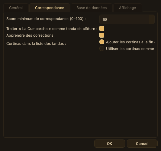 Préférences, onglet Correspondance