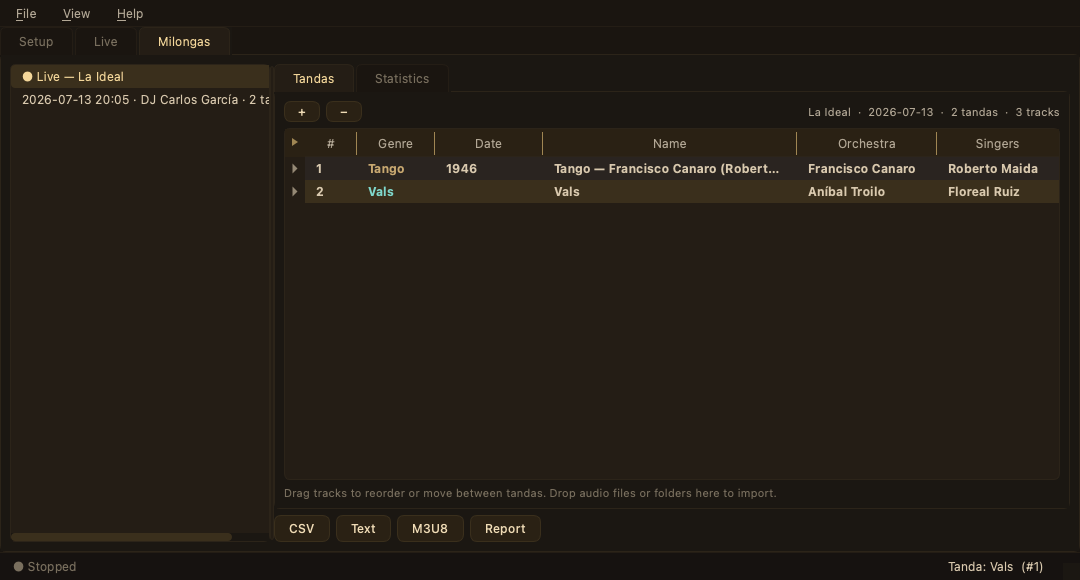 Milongas tab, Tandas sub-tab