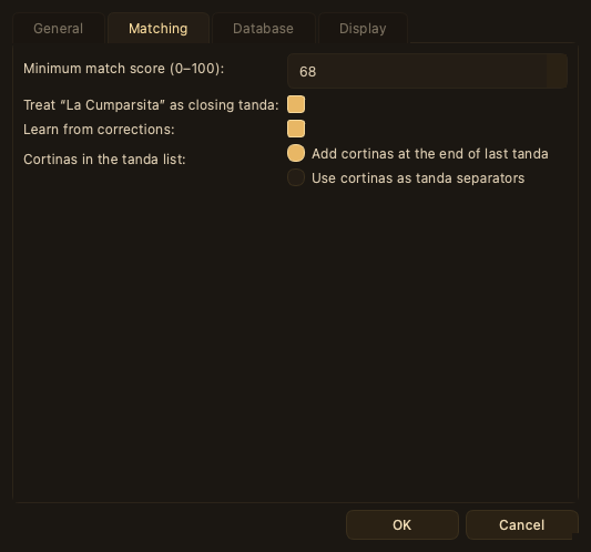 Preferences, Matching tab